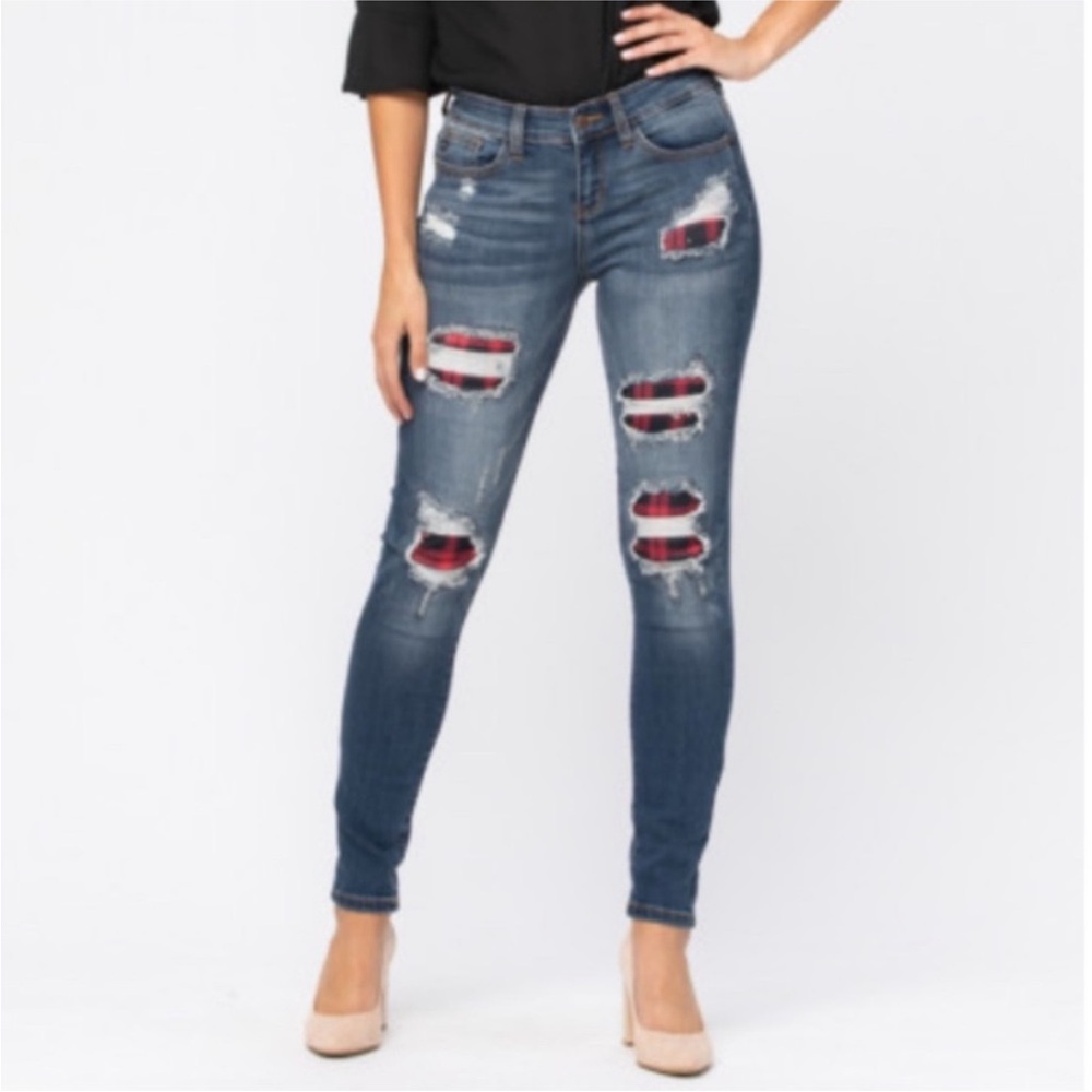 Judy Blue Buffalo Plaid Patch Skinny Jeans JB8268DK Women's Size 11/30 x 29